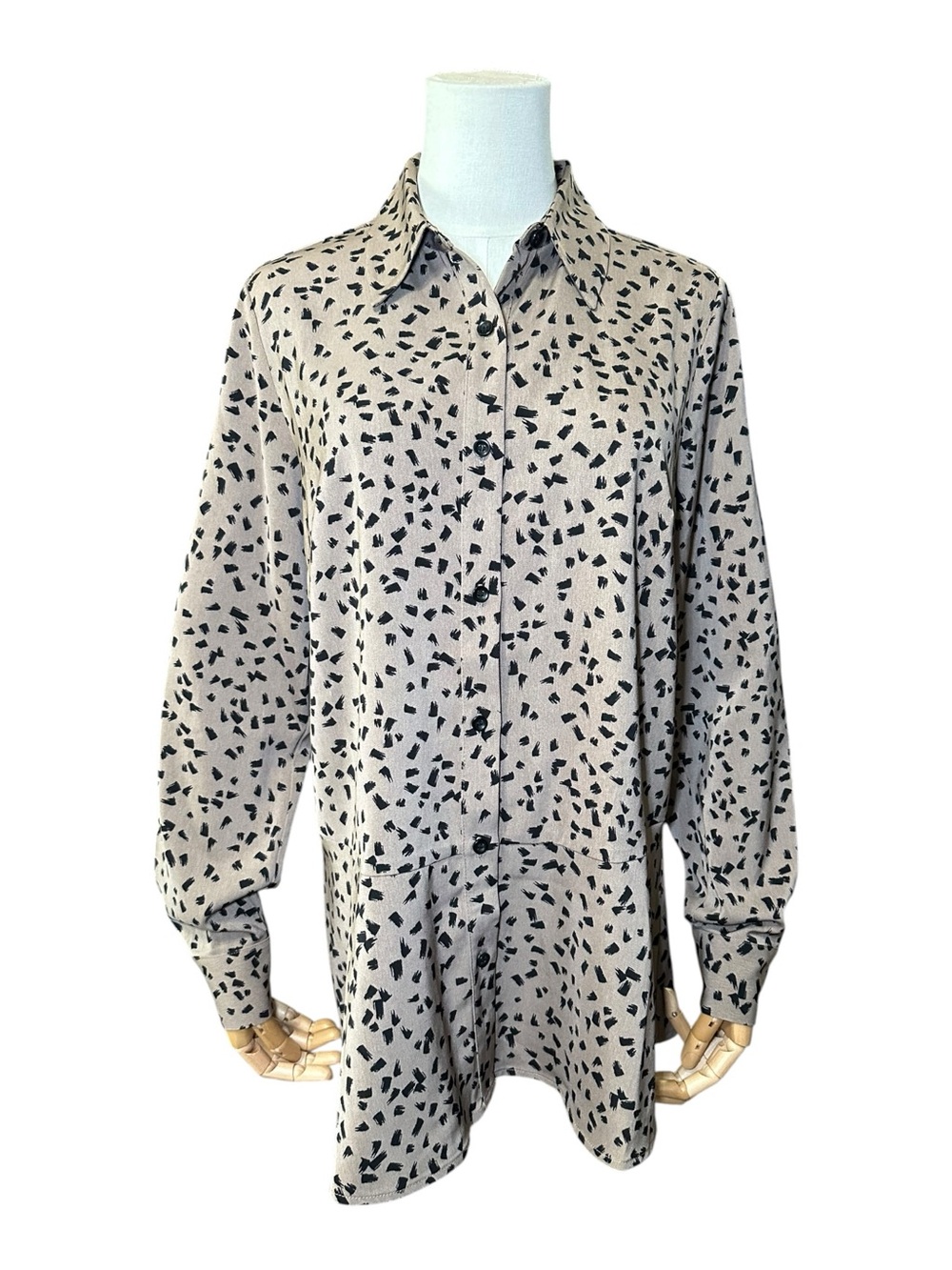Susan Graver Beige Button-Front Tunic with Black Abstract Print - Picture 2 of 8